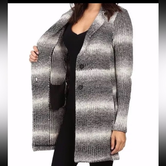 Lucky Brand car coat knit gray ivory stripes button front Sz M - Picture 2 of 12